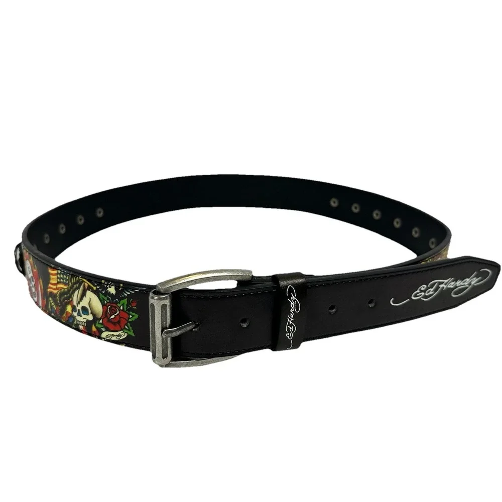 Ed Hardy Tattoo Skull‎ Graphic Studded Belt Black Y2K Punk Unisex Size 36